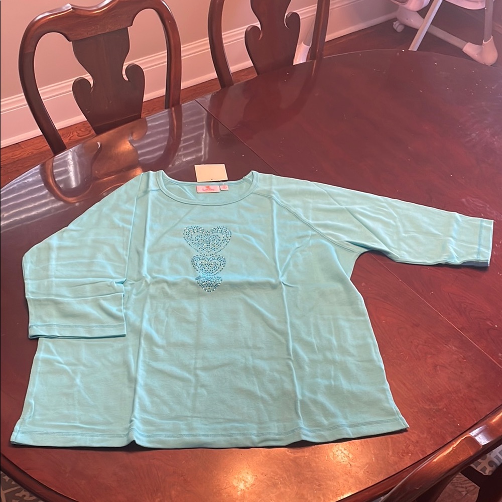 Aqua Blue Top with Rhinestone Hearts